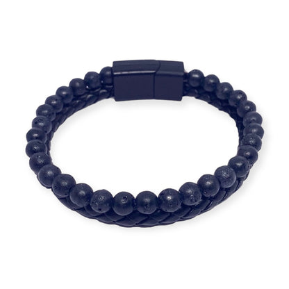 IVI Jewellery Men's Black Volcanic Lava Natural Stone and Leather Bracelet