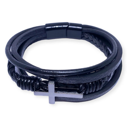 IVI Jewellery Men's Black Leather Stainless Steel Cross Bracelet
