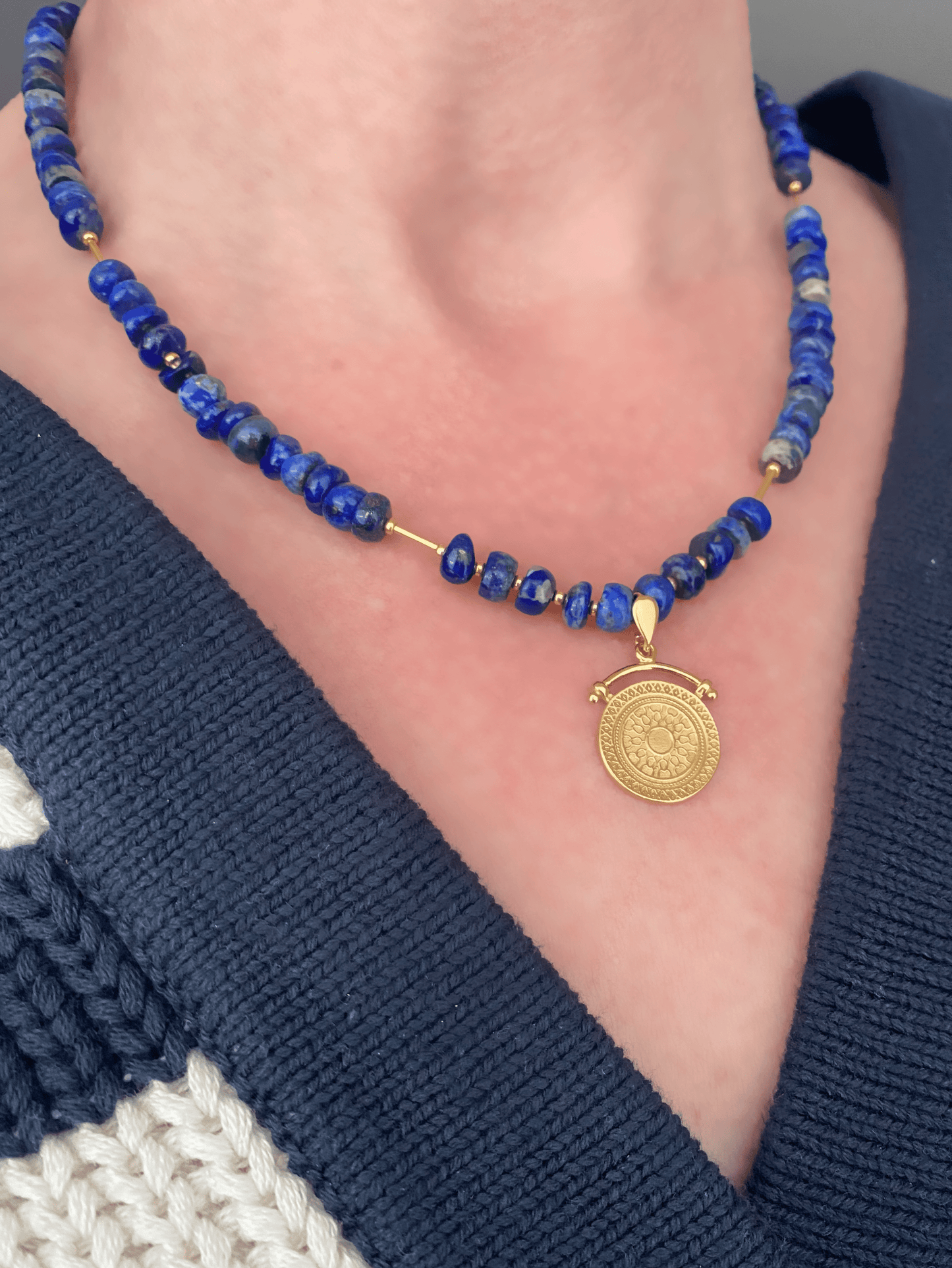 IVI Jewellery Navy Lapis Lazuli Natural Stone Coin Pendant Necklace