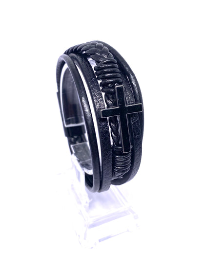 IVI Jewellery Men's Black Leather Stainless Steel Cross Bracelet