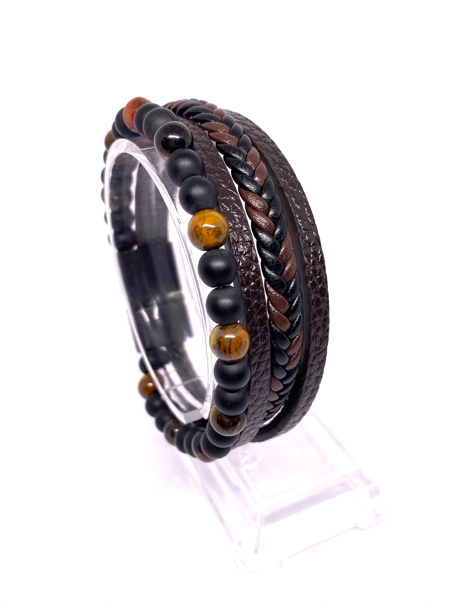 IVI Jewellery Men's Yellow Tiger Eye And Black Obsidian Natural Stone With Leather Bracelet