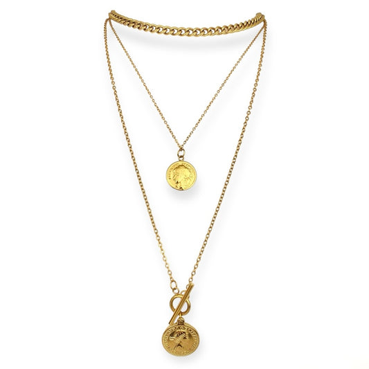 IVI Jewellery Triple Chain Necklace with Coin Pendant in Stainless Steel