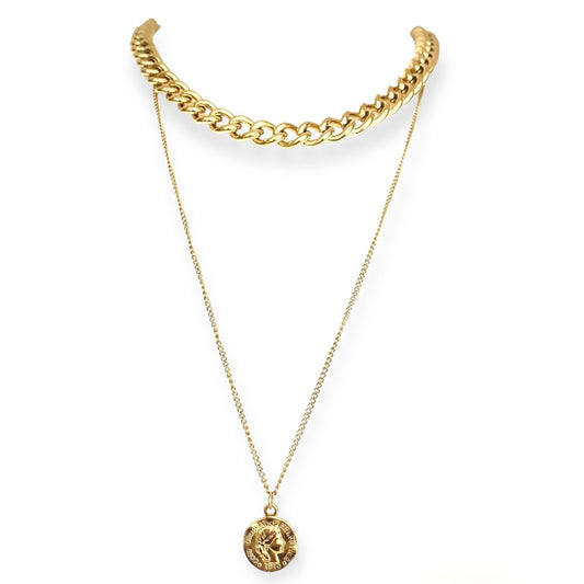 IVI Jewellery Women's Gold Double Chain With Coin Pendant Stainless Steel Necklace